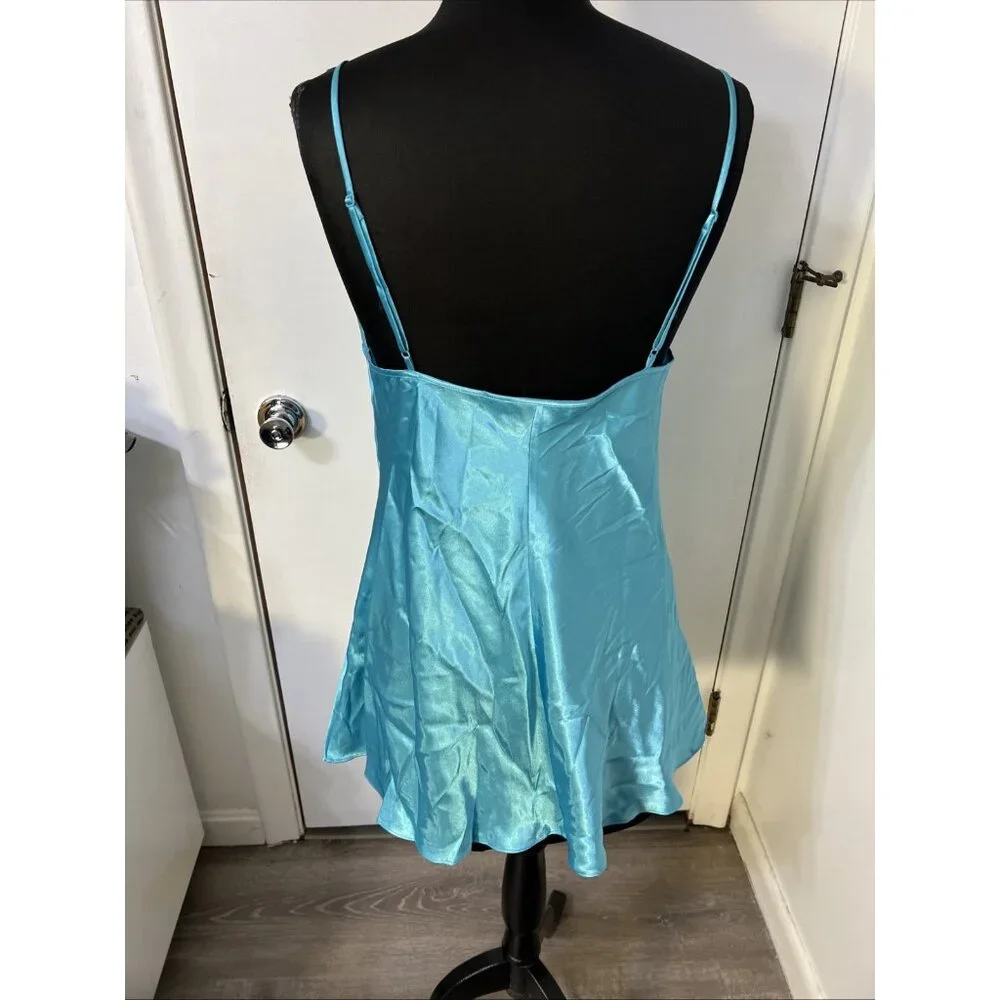 VICTORIA'S SECRET Babydoll Blue SATIN Nightgown Slip Dress Open‎ Tie Front VTG